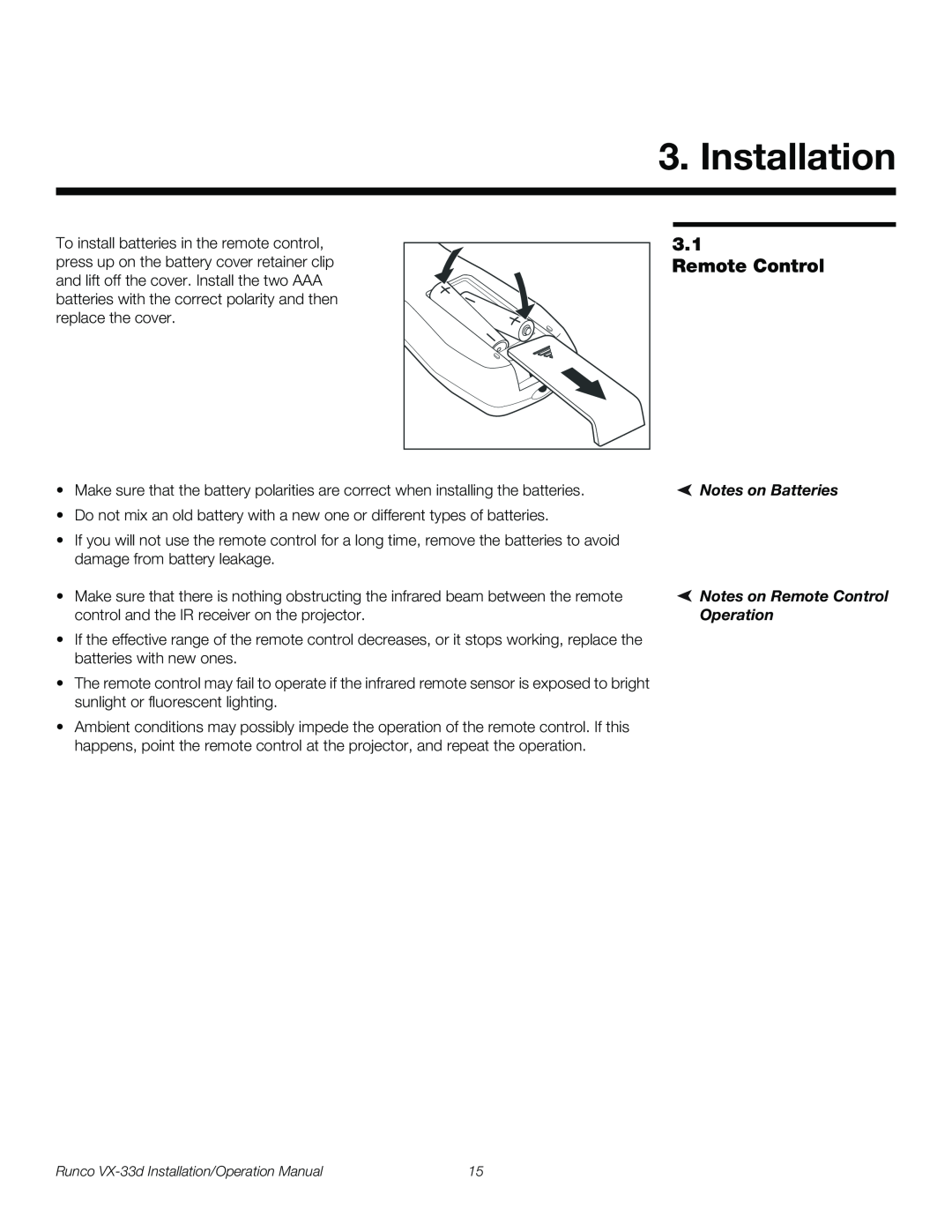 Runco VX-33D operation manual Installation, Notes on Batteries Notes on Remote Control Operation 