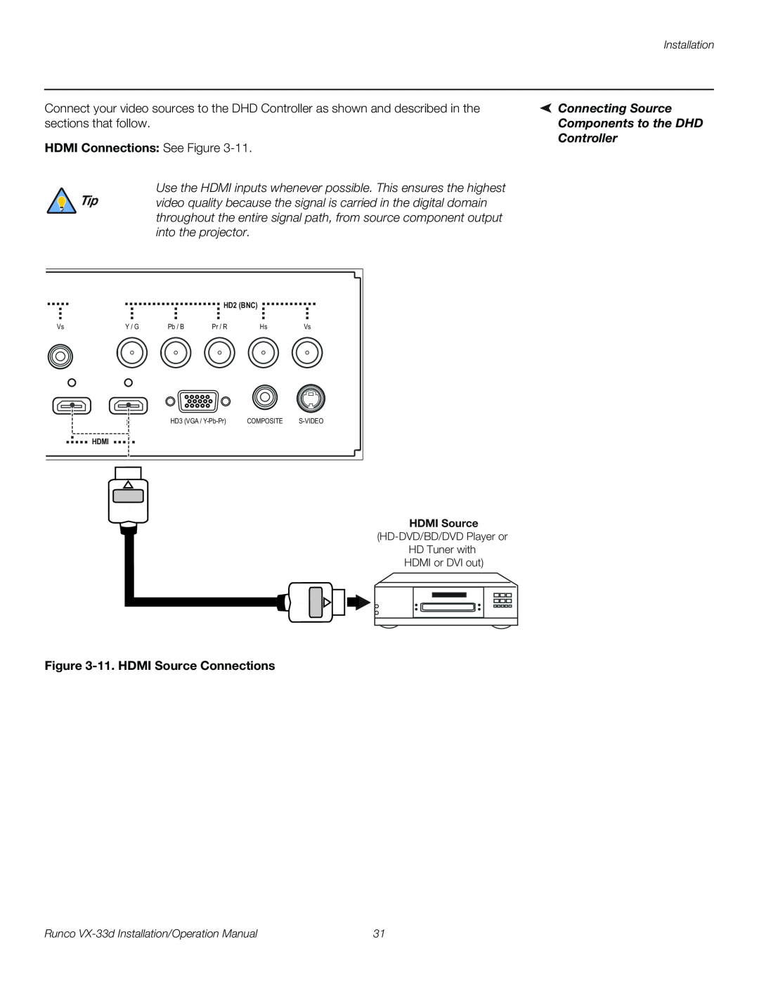 Runco VX-33D operation manual HDMI Connections See Figure, Use the HDMI inputs whenever possible. This ensures the highest 