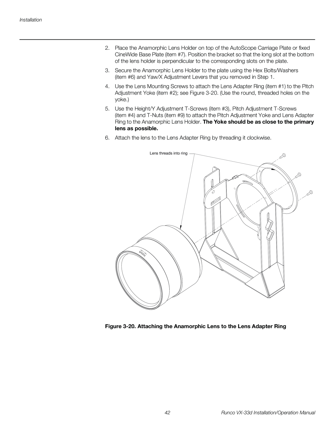 Runco VX-33D operation manual 20. Attaching the Anamorphic Lens to the Lens Adapter Ring 