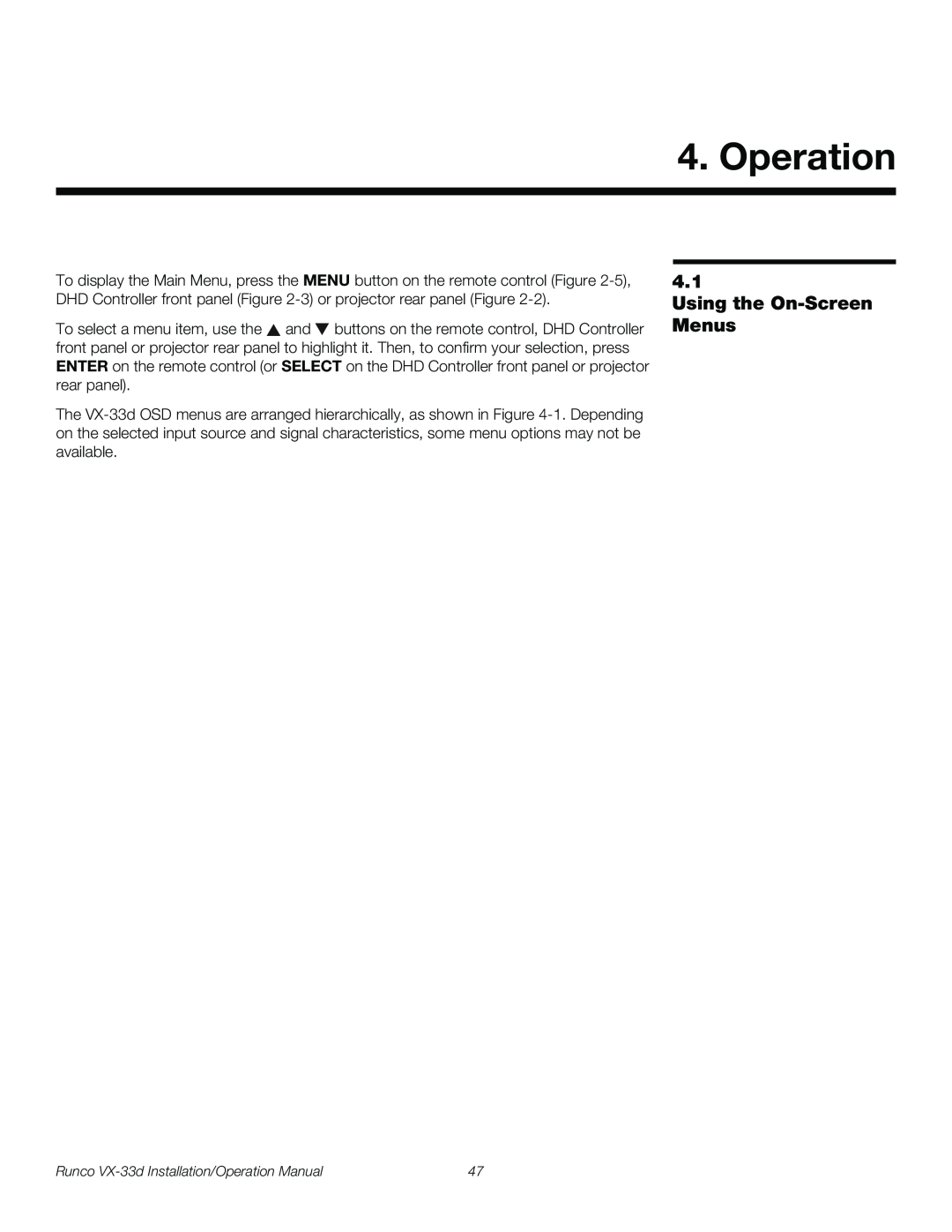 Runco VX-33D operation manual Operation, Using the On-Screen Menus 