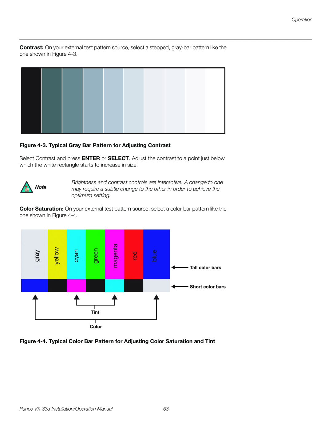 Runco VX-33D operation manual gray, yellow, cyan, green, magenta, blue, 3. Typical Gray Bar Pattern for Adjusting Contrast 