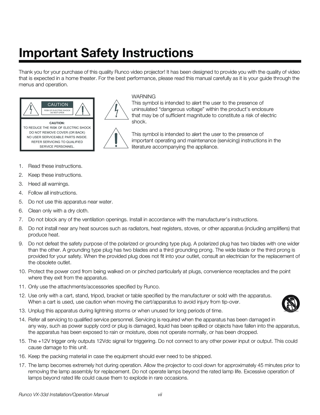 Runco VX-33D operation manual Important Safety Instructions 