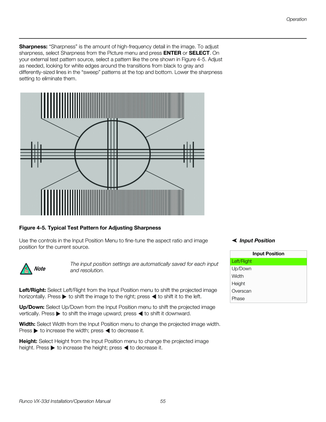 Runco VX-33D operation manual 5. Typical Test Pattern for Adjusting Sharpness, and resolution, Input Position 