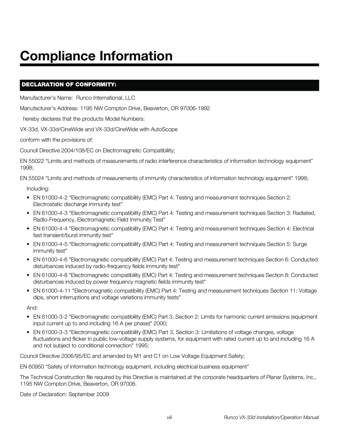 Runco VX-33D operation manual Compliance Information, Declaration Of Conformity 