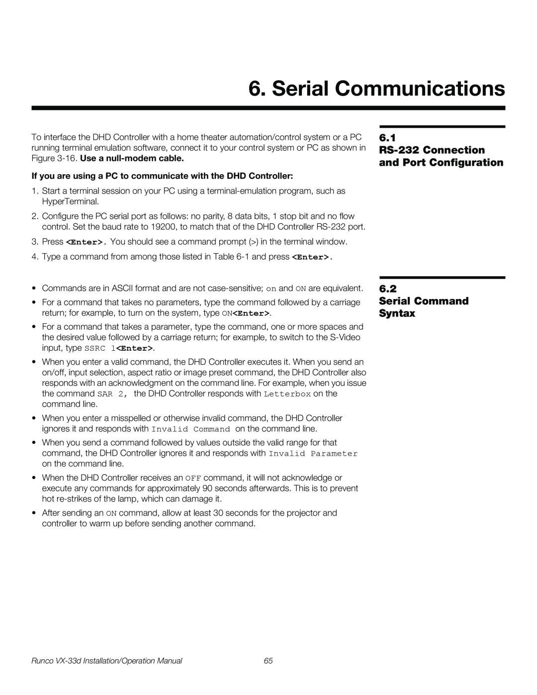 Runco VX-33D Serial Communications, 6.1 RS-232 Connection and Port Configuration 6.2, Serial Command Syntax 