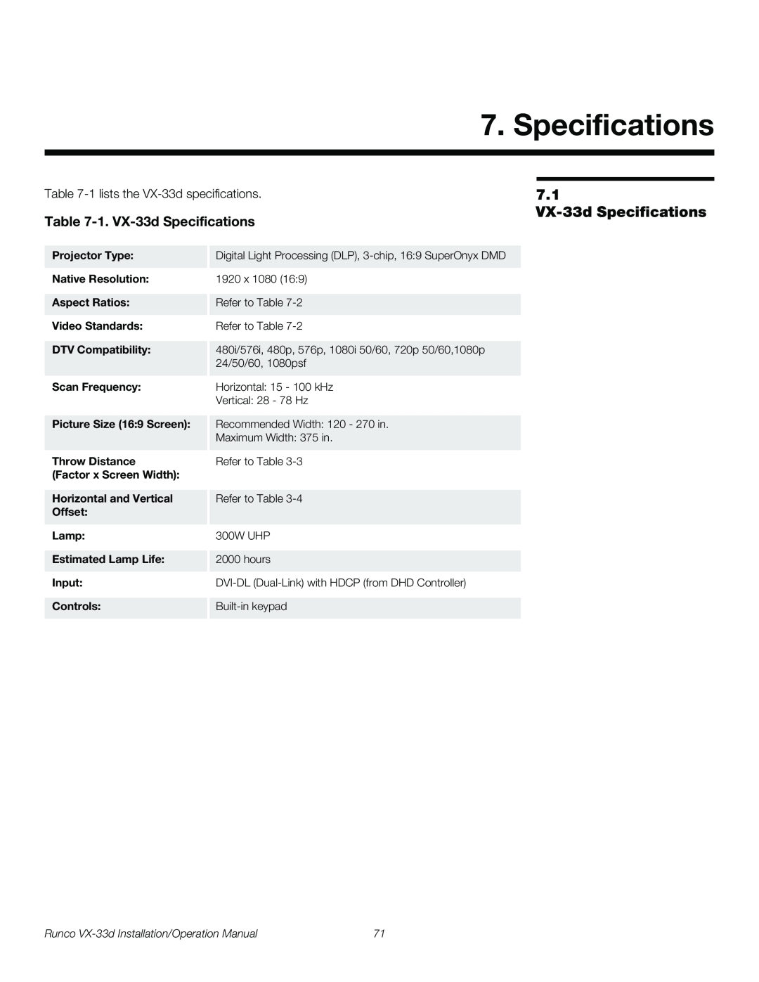 Runco VX-33D operation manual 1. VX-33d Specifications, Runco VX-33d Installation/Operation Manual 