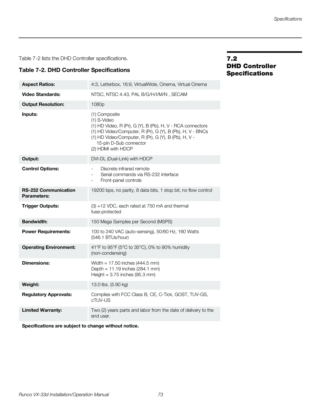 Runco VX-33D operation manual 2. DHD Controller Specifications, Runco VX-33d Installation/Operation Manual 