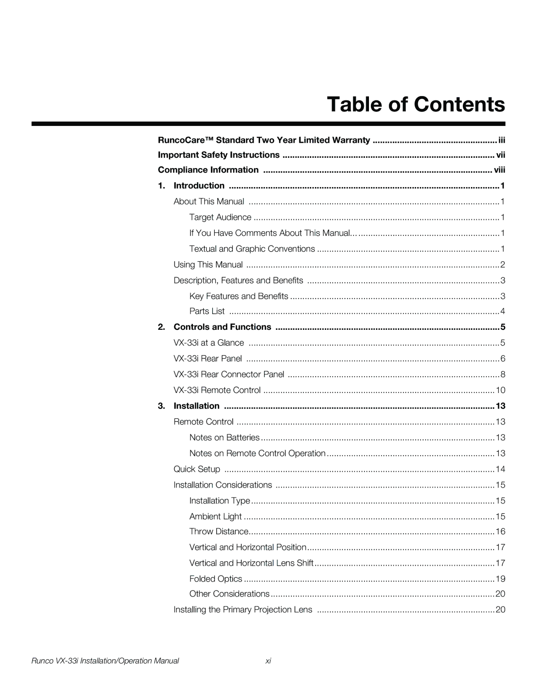 Runco VX-33I operation manual Table of Contents 