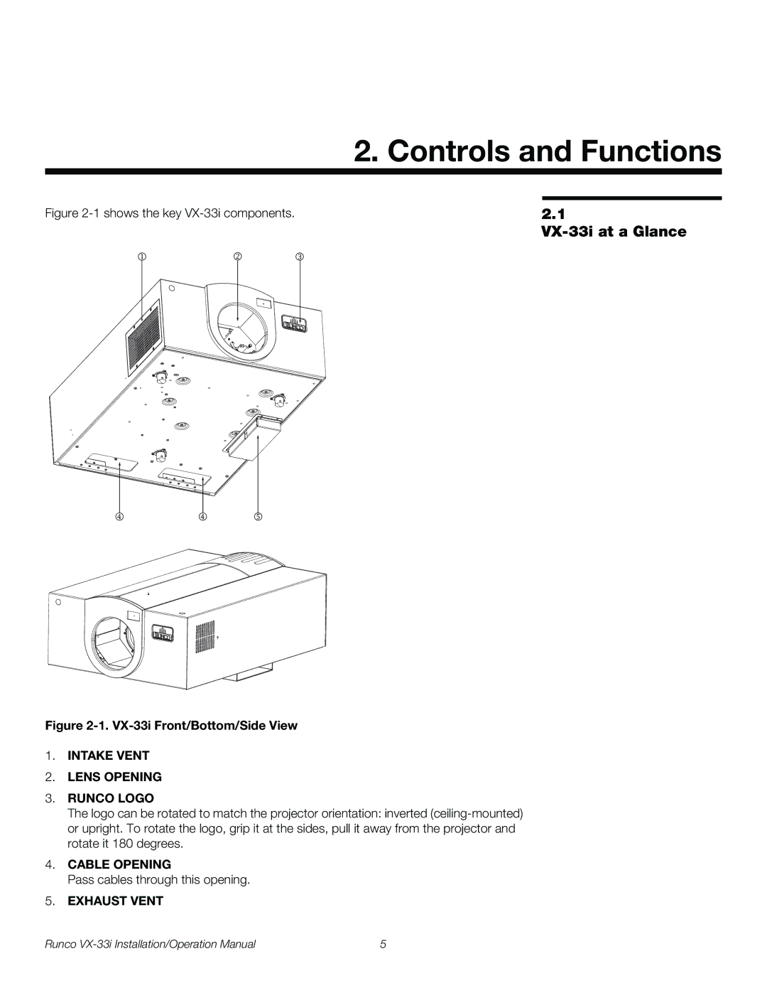 Runco VX-33I operation manual Controls and Functions, VX-33i at a Glance 