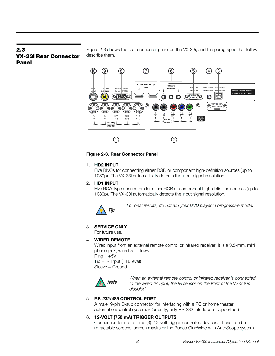 Runco VX-33I operation manual VX-33i Rear Connector Panel, Service only For future use, RS-232/485 Control Port 