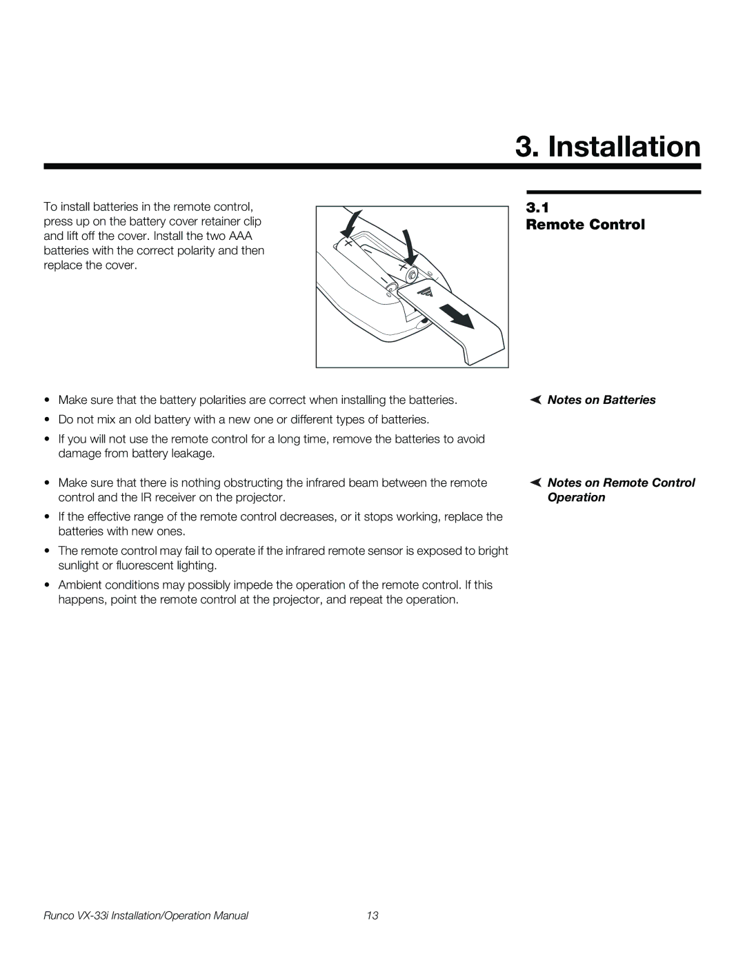 Runco VX-33I operation manual Installation, Remote Control 