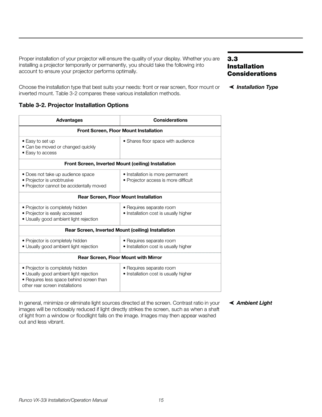 Runco VX-33I operation manual Installation Considerations, Installation Type, Ambient Light 