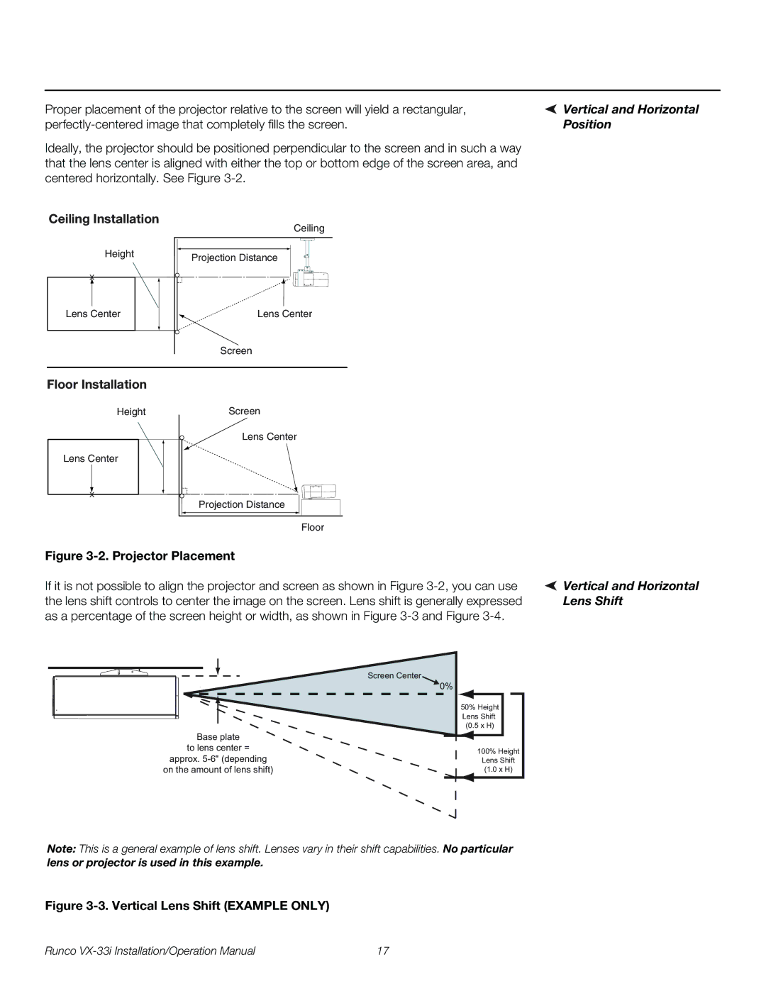 Runco VX-33I operation manual Vertical and Horizontal, Position, Ceiling Installation, Floor Installation 