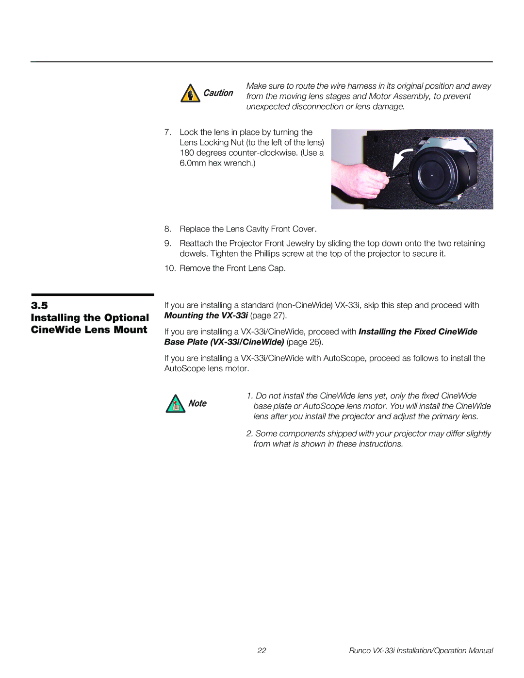 Runco VX-33I operation manual Installing the Optional CineWide Lens Mount 