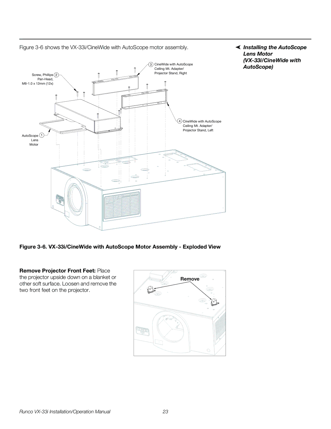 Runco VX-33I operation manual Installing the AutoScope Lens Motor VX-33i/CineWide with, Remove 