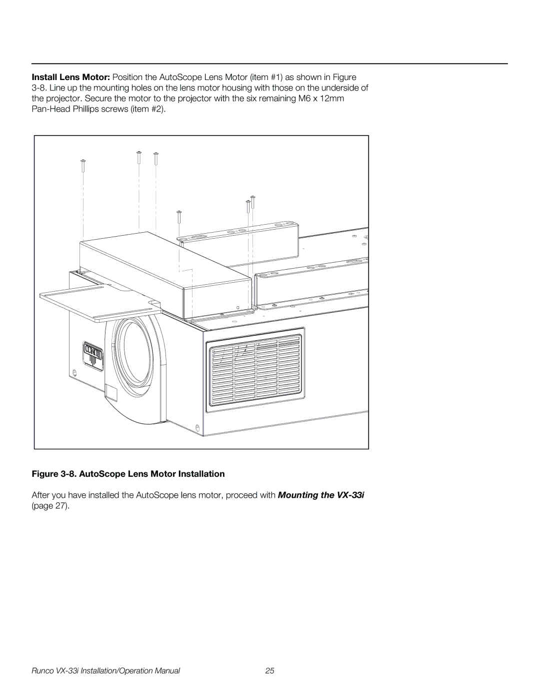 Runco VX-33I operation manual AutoScope Lens Motor Installation 