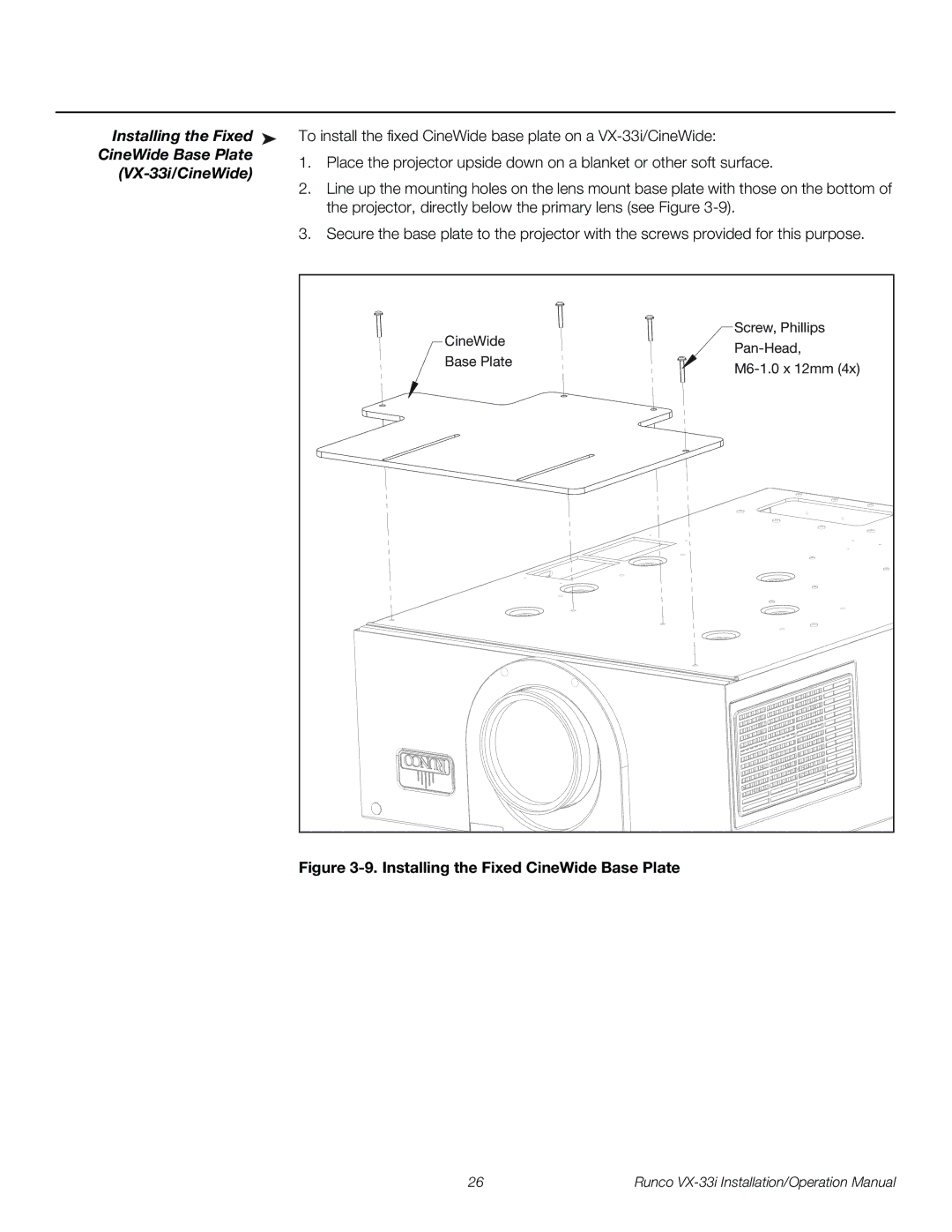 Runco VX-33I operation manual Installing the Fixed CineWide Base Plate 