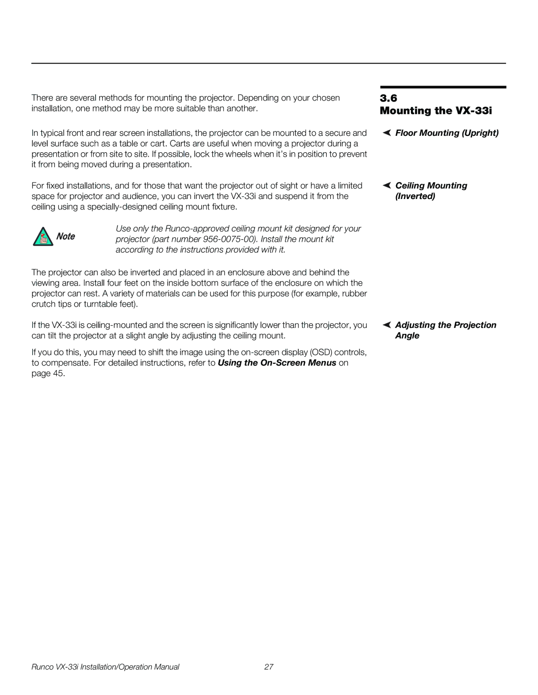 Runco VX-33I operation manual Mounting 