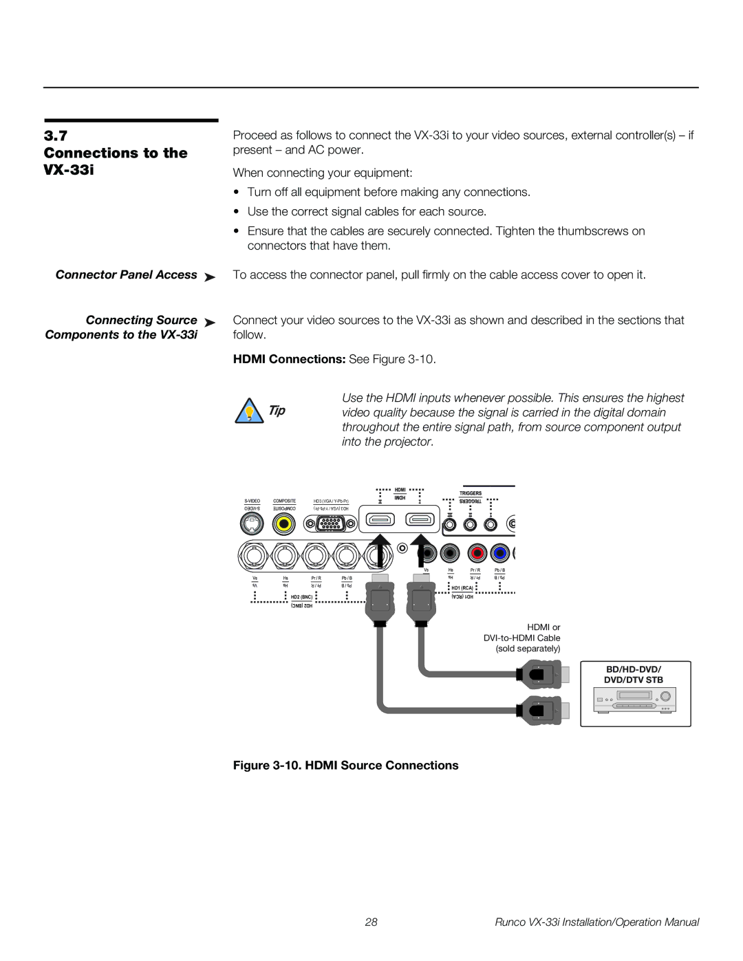 Runco VX-33I operation manual Connections to, VX-33i, Connector Panel Access, Connecting Source, Components to 