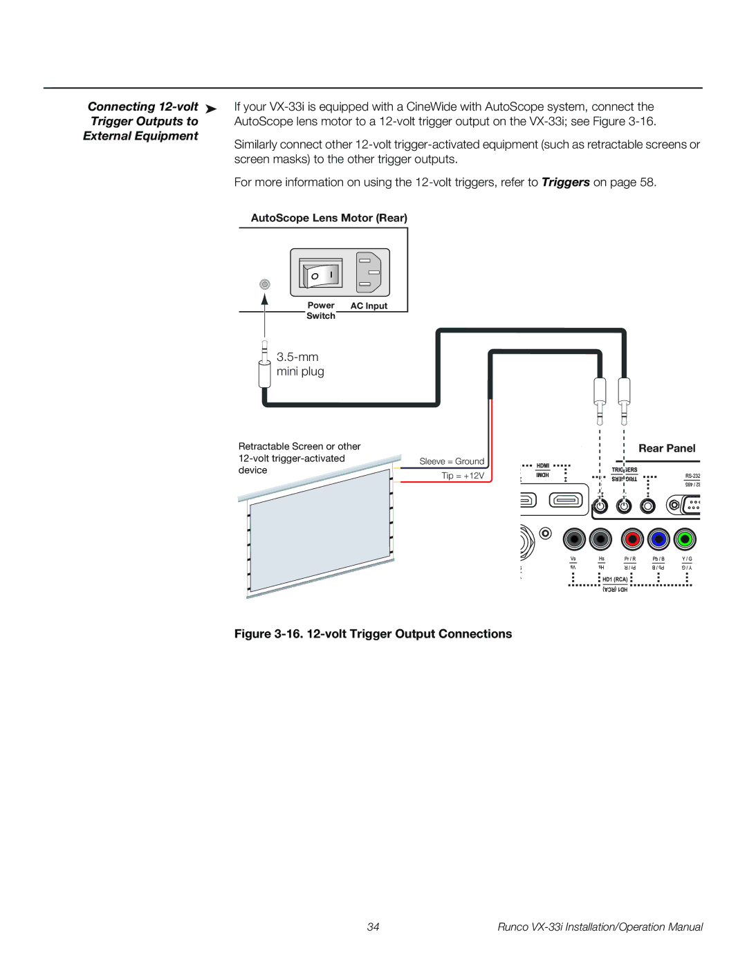 Runco VX-33I Connecting 12-volt, Trigger Outputs to, External Equipment, AutoScope Lens Motor Rear, Rear Panel 