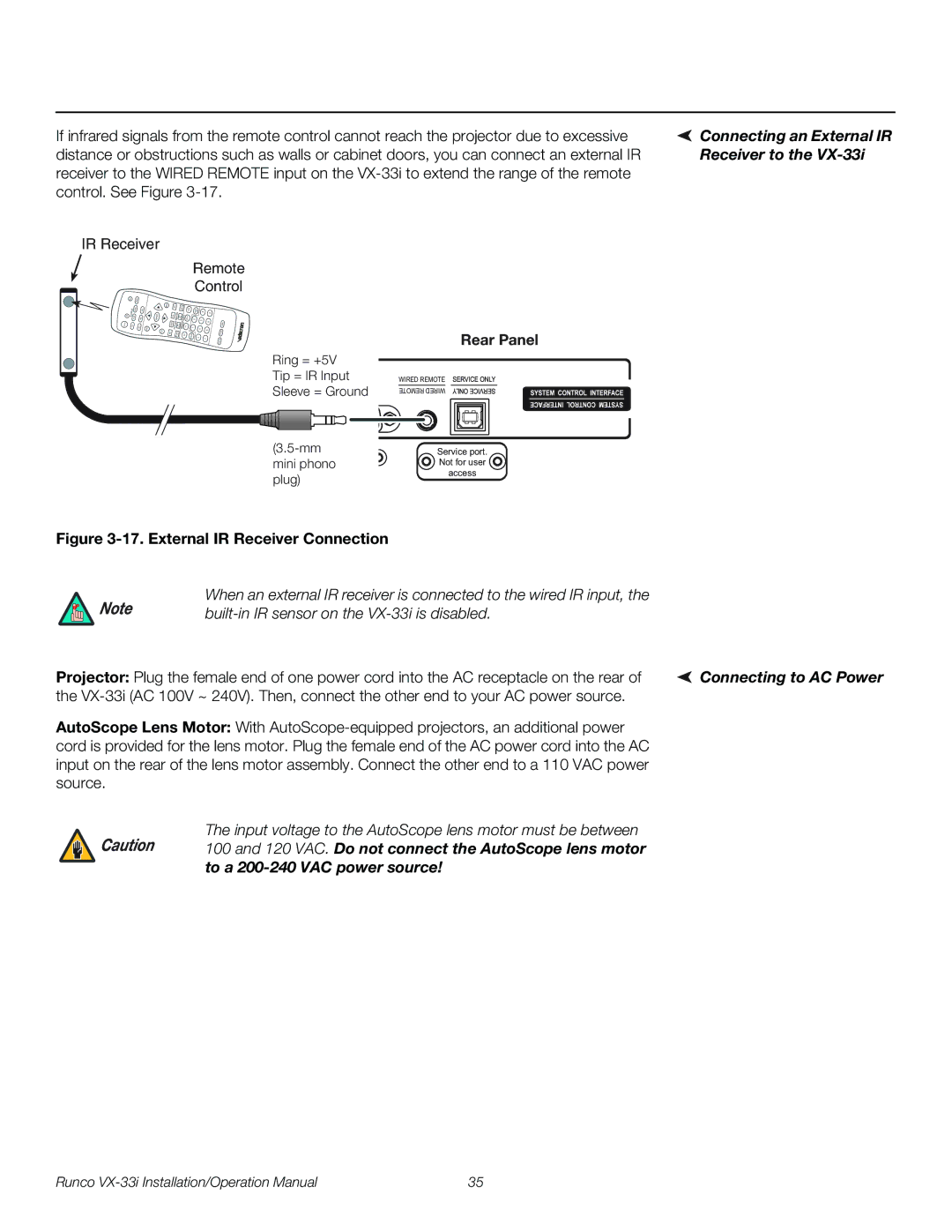 Runco VX-33I operation manual Connecting an External IR, Receiver to, Rear Panel, Connecting to AC Power 