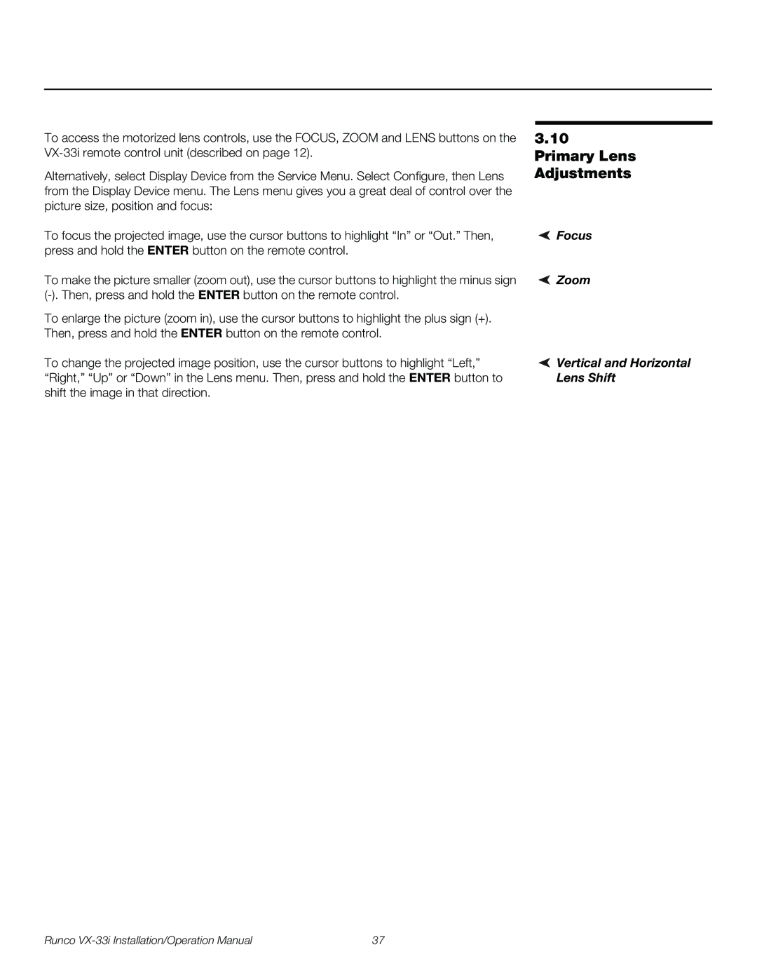 Runco VX-33I operation manual Primary Lens Adjustments, Focus, Zoom, Lens Shift 