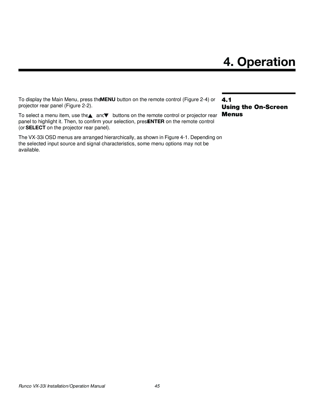 Runco VX-33I operation manual Operation, Using the On-Screen Menus 