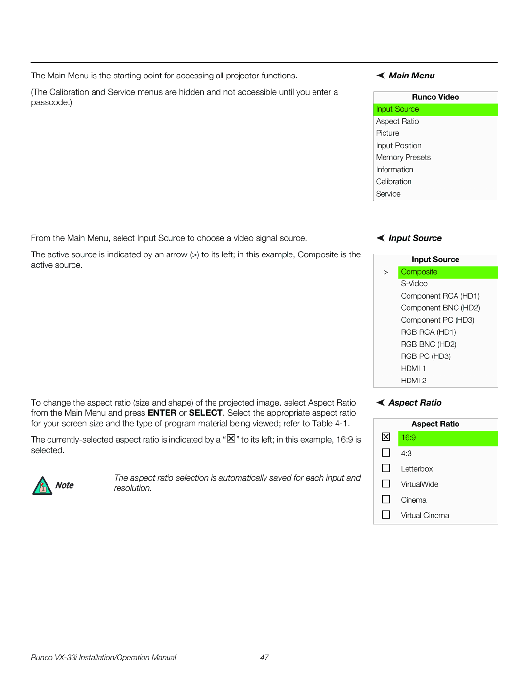 Runco VX-33I operation manual Main Menu, Input Source, Aspect Ratio 