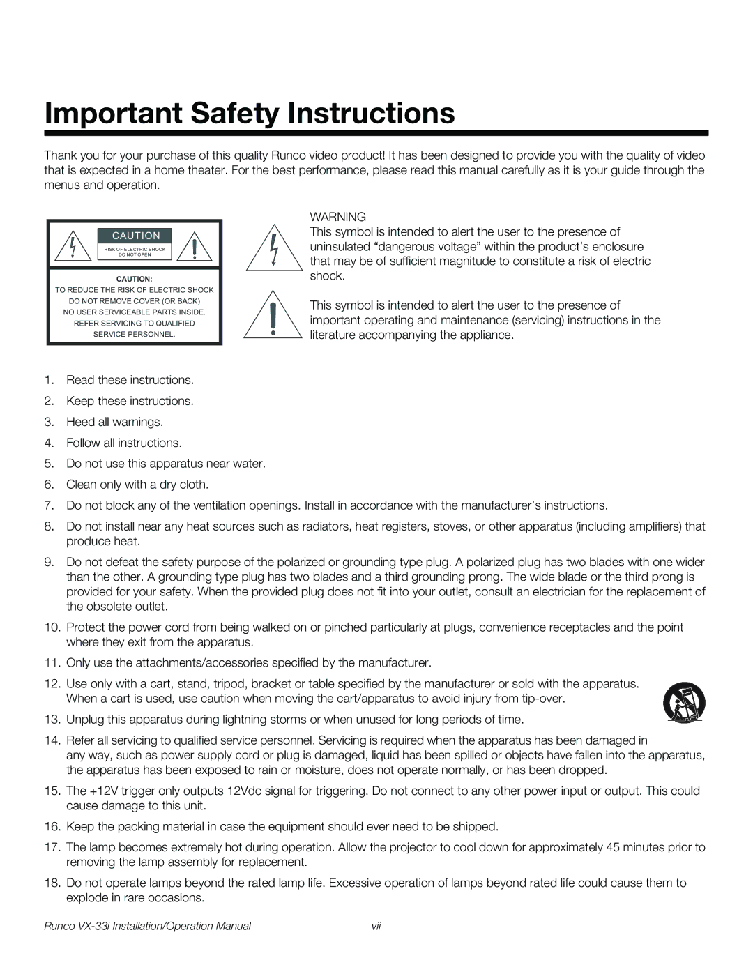 Runco VX-33I operation manual Important Safety Instructions 