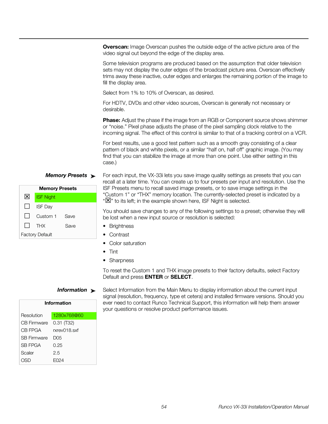 Runco VX-33I operation manual Memory Presets, Information 