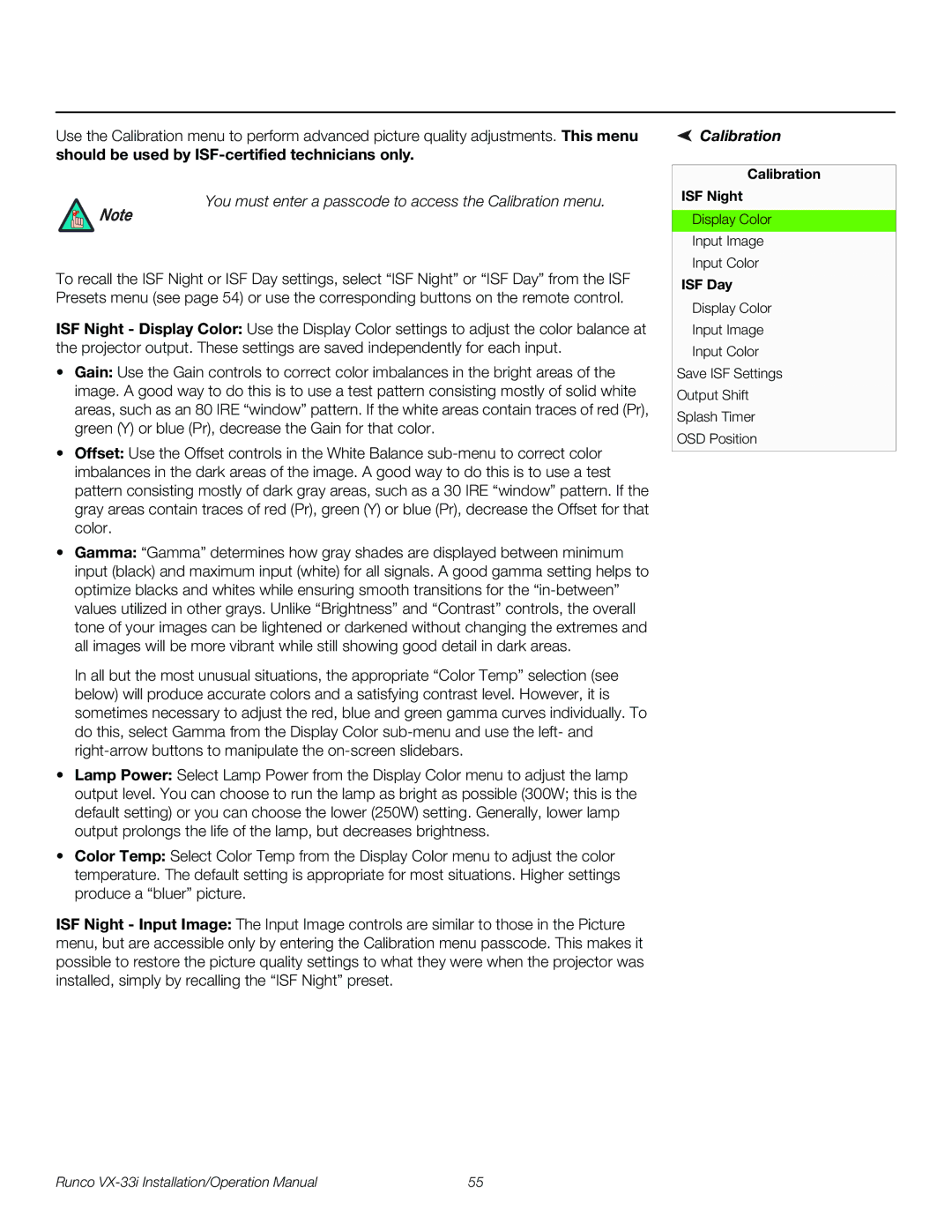 Runco VX-33I operation manual Calibration ISF Night, ISF Day 