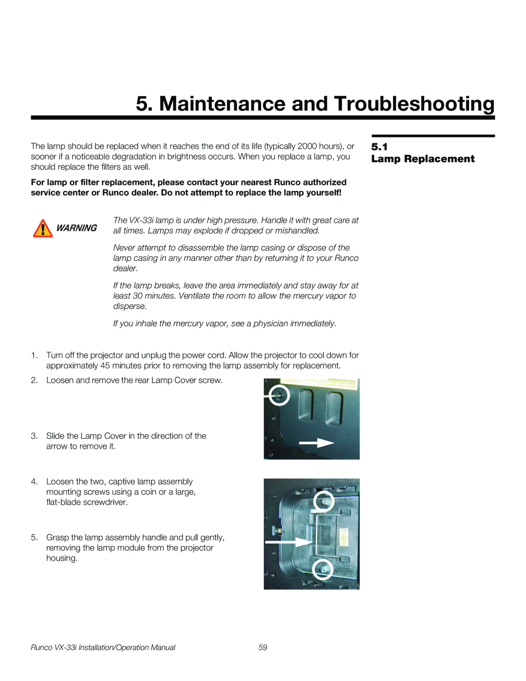 Runco VX-33I operation manual Maintenance and Troubleshooting, Lamp Replacement 