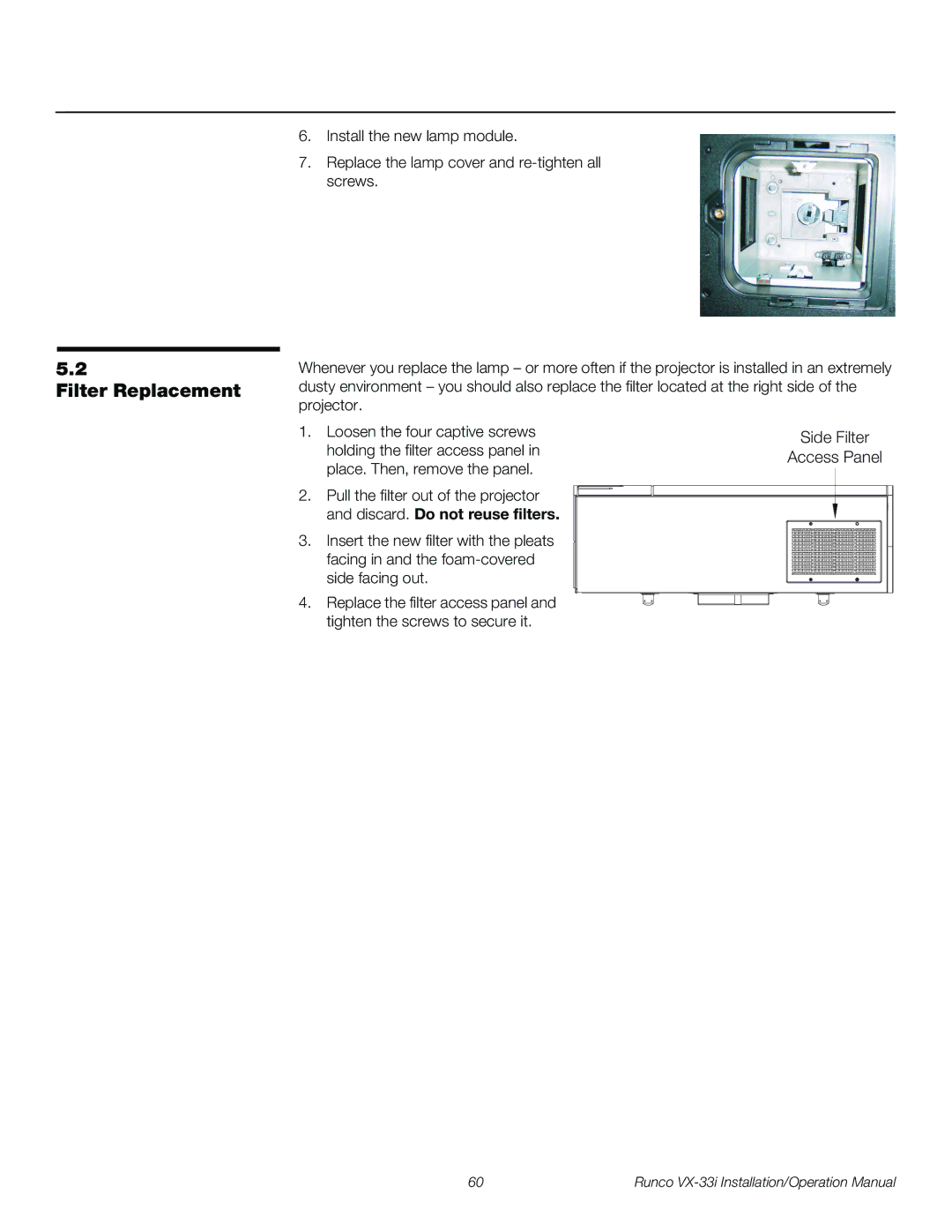 Runco VX-33I operation manual Filter Replacement, Side Filter Access Panel 