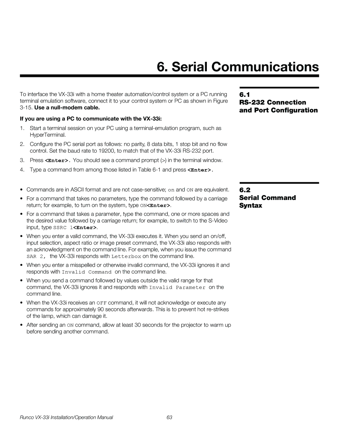 Runco VX-33I operation manual Serial Communications, If you are using a PC to communicate with 