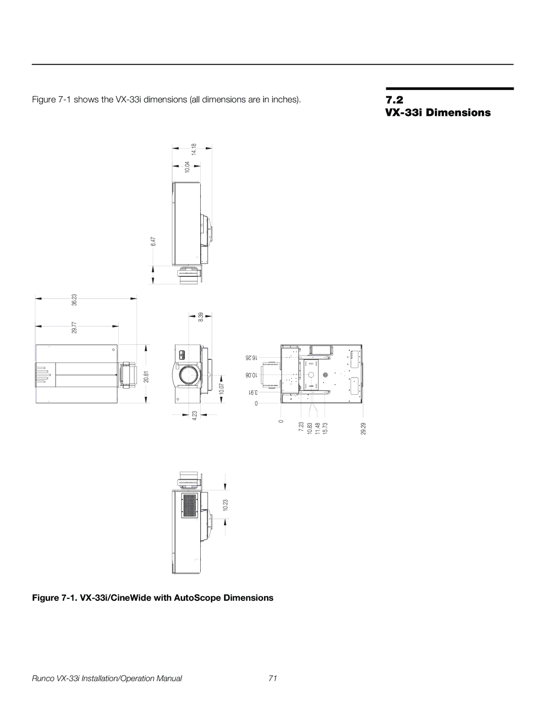 Runco VX-33I operation manual VX-33i Dimensions, VX-33i/CineWide with AutoScope Dimensions 