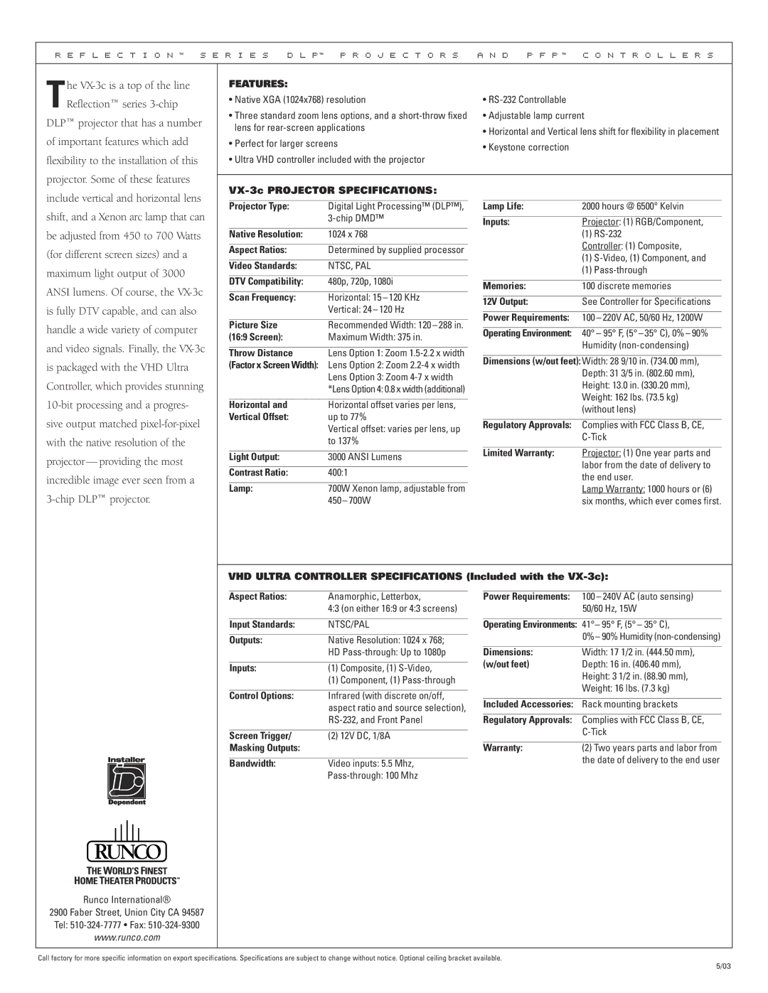 Runco VX-3C manual Features, Ntsc, Pal 