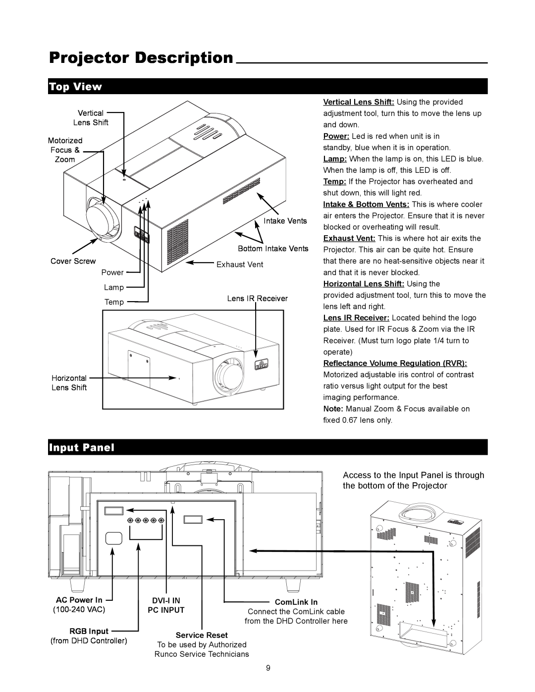 Runco VX-4000ci manual Projector Description, Top View, Input Panel 