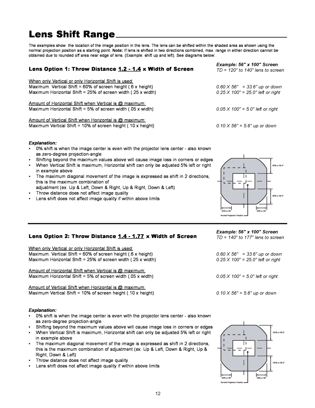 Runco VX-4000ci manual Lens Shift Range, Lens Option 1 Throw Distance 1.2 - 1.4 x Width of Screen, Explanation 