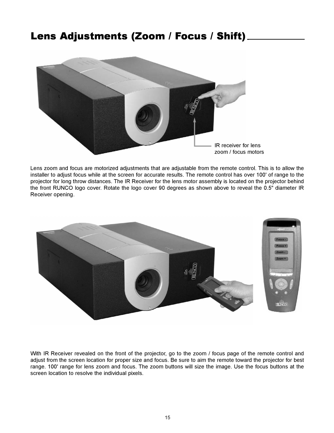 Runco VX-4000ci manual Lens Adjustments Zoom / Focus / Shift 