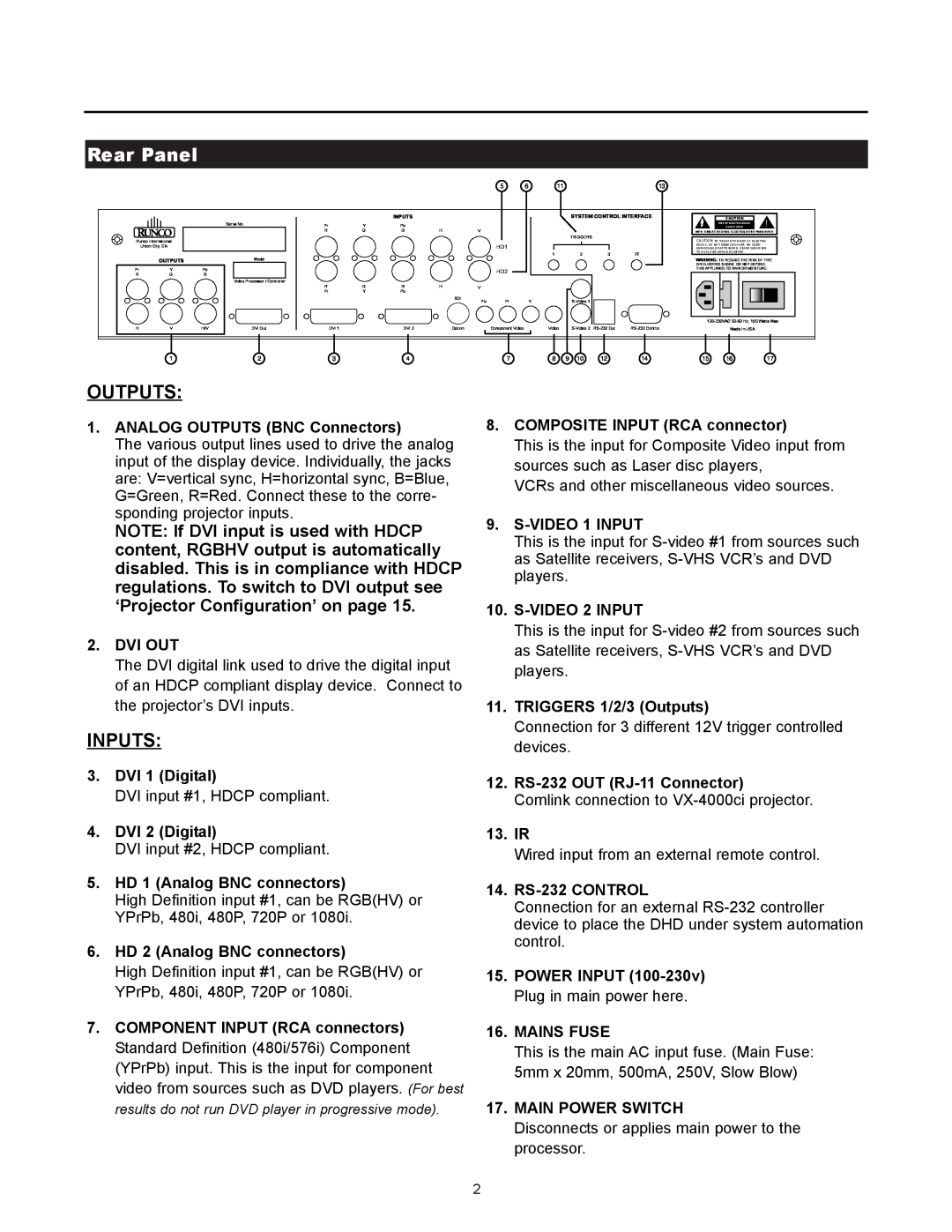Runco VX-4000ci Rear Panel, Outputs, Inputs, ANALOG OUTPUTS BNC Connectors, Dvi Out, DVI 1 Digital, DVI 2 Digital, 13. IR 
