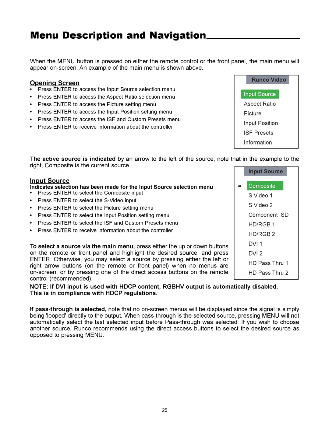 Runco VX-4000ci manual Menu Description and Navigation, Opening Screen, Input Source 