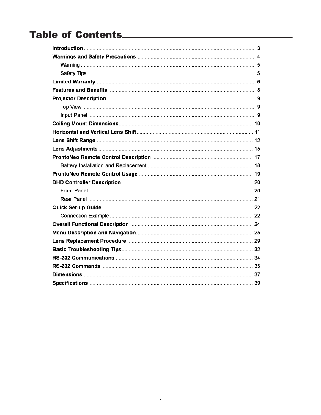 Runco VX-4000ci manual Table of Contents 
