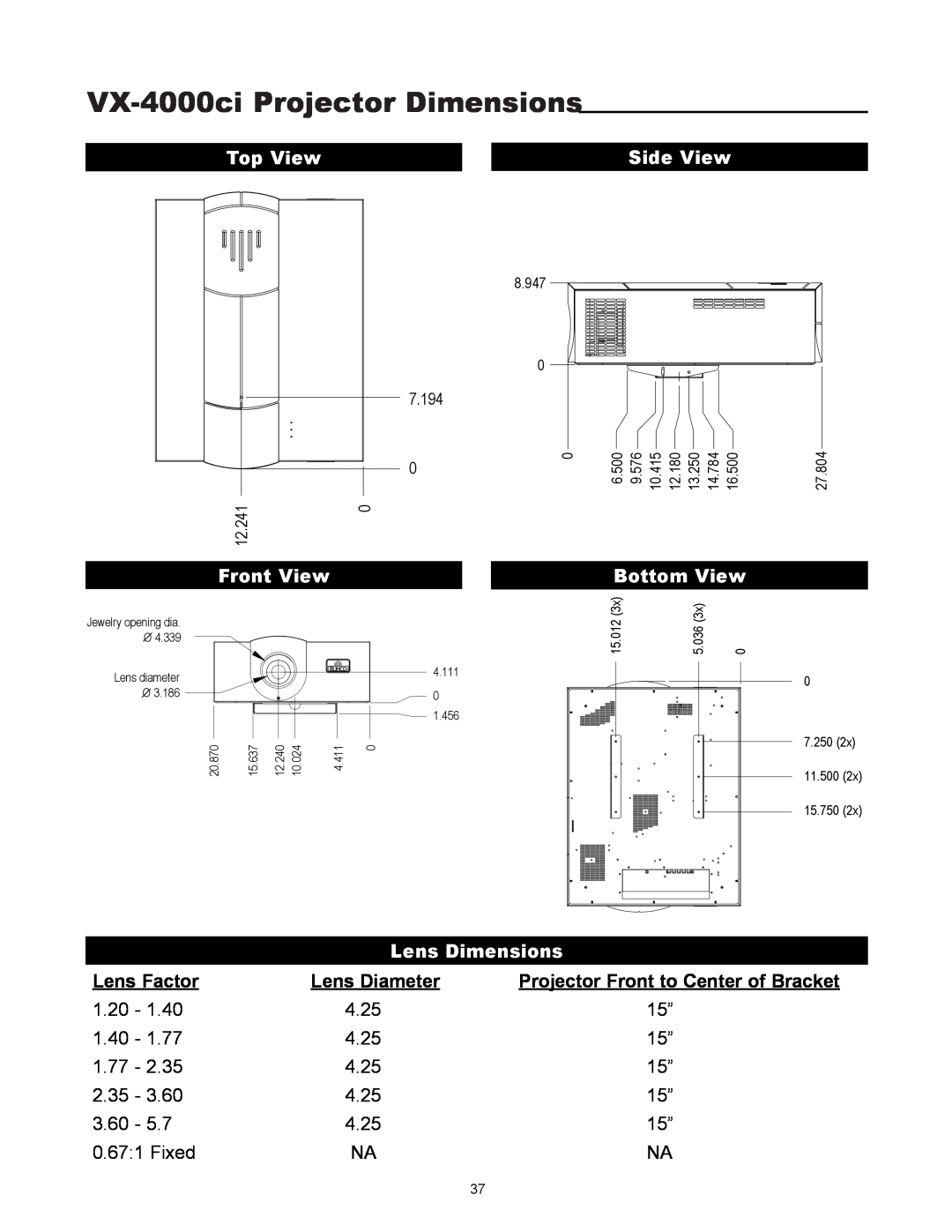 Runco VX-4000ci Projector Dimensions, Lens Dimensions, Lens Factor, Lens Diameter, Projector Front to Center of Bracket 