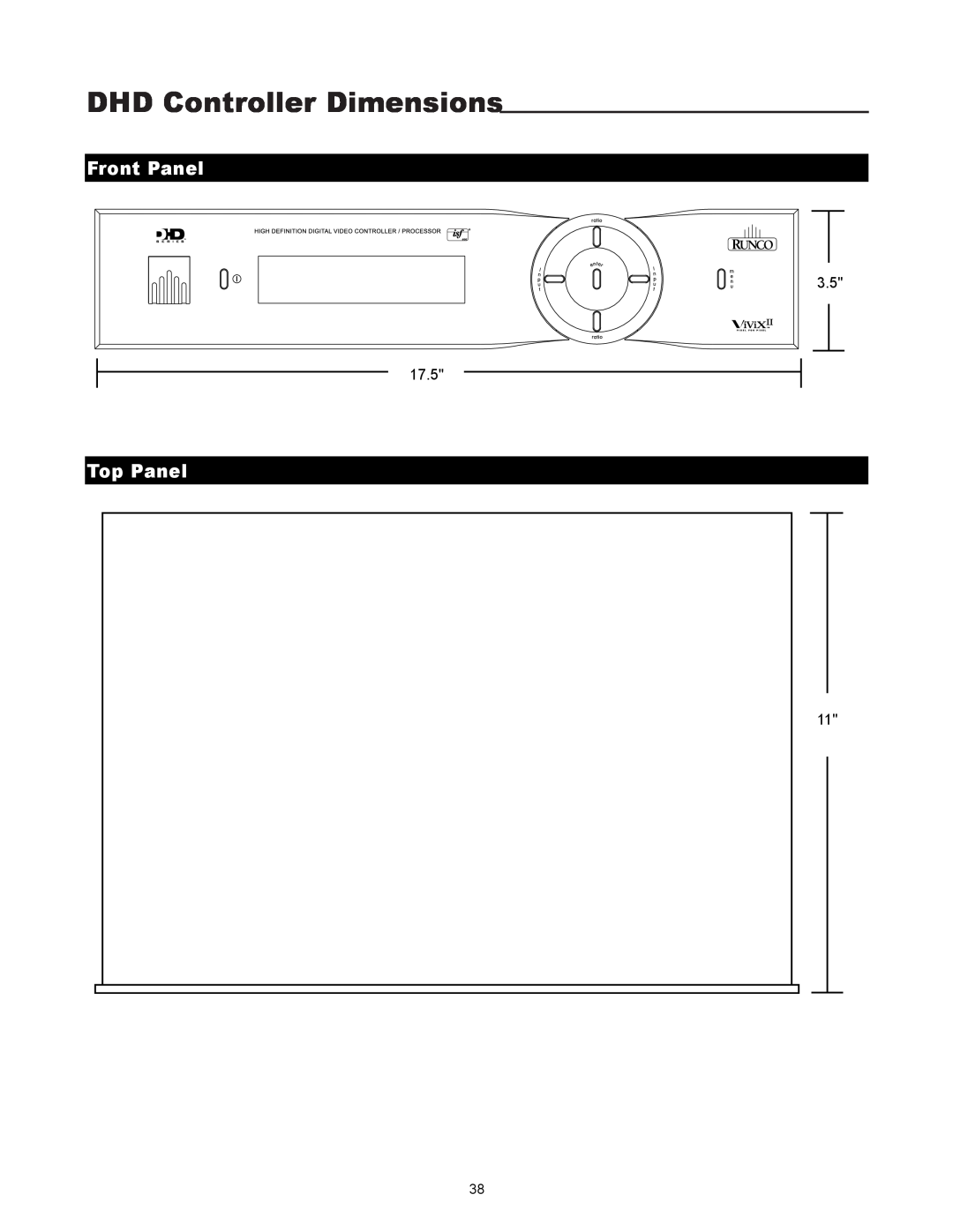 Runco VX-4000ci manual DHD Controller Dimensions, Top Panel, Front Panel 