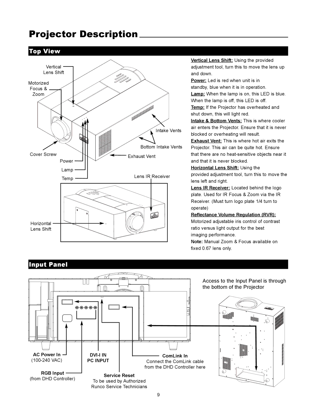 Runco VX-4000ci manual Projector Description, Top View, Input Panel 