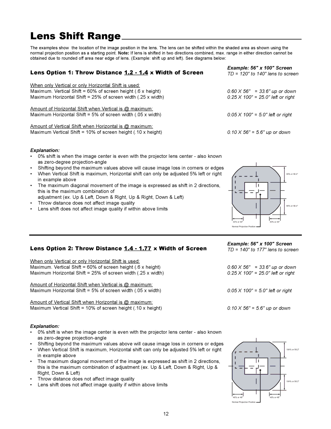 Runco VX-4000ci manual Lens Shift Range, Lens Option 1 Throw Distance 1.2 1.4 x Width of Screen 