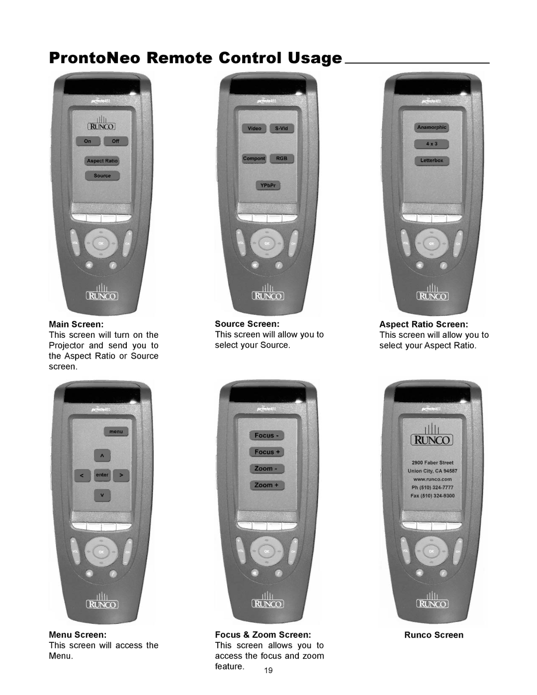 Runco VX-4000ci manual ProntoNeo Remote Control Usage 