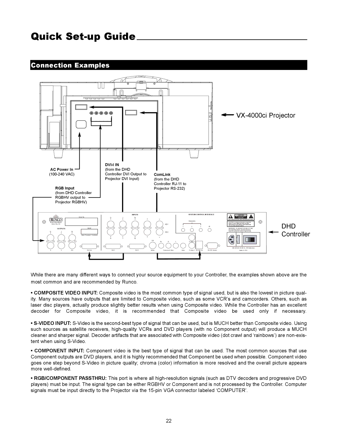 Runco VX-4000ci manual Quick Set-up Guide, Connection Examples 