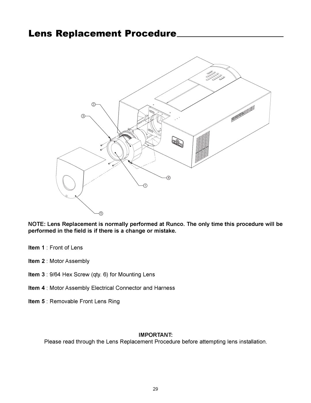 Runco VX-4000ci manual Lens Replacement Procedure 