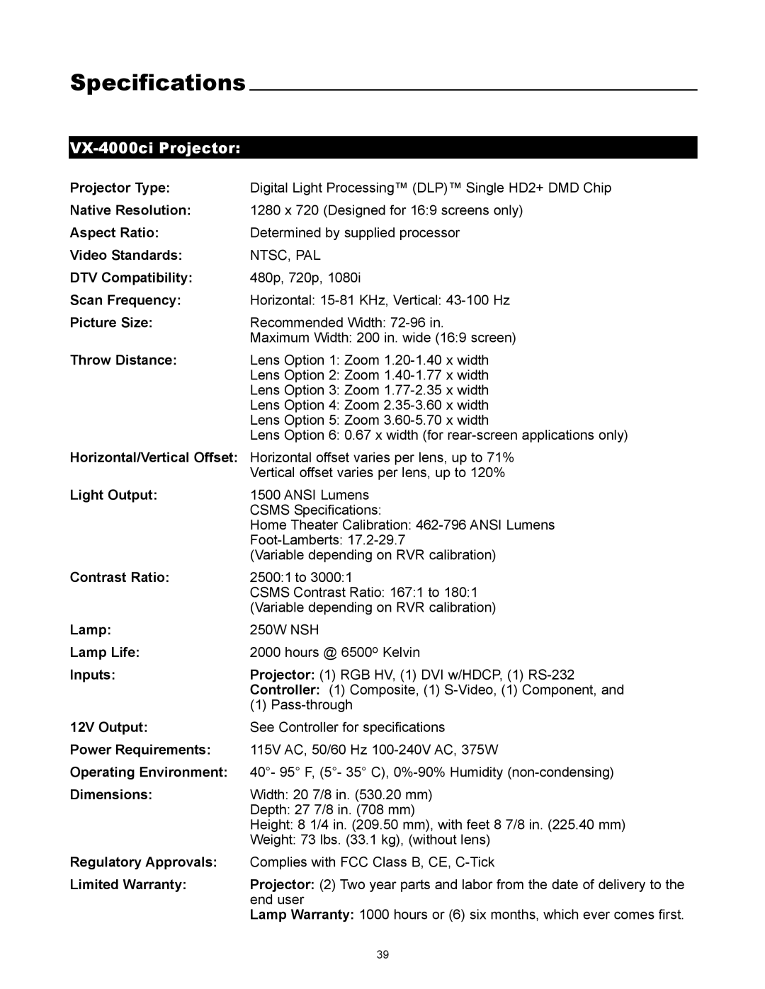 Runco manual Specifications, VX-4000ci Projector 